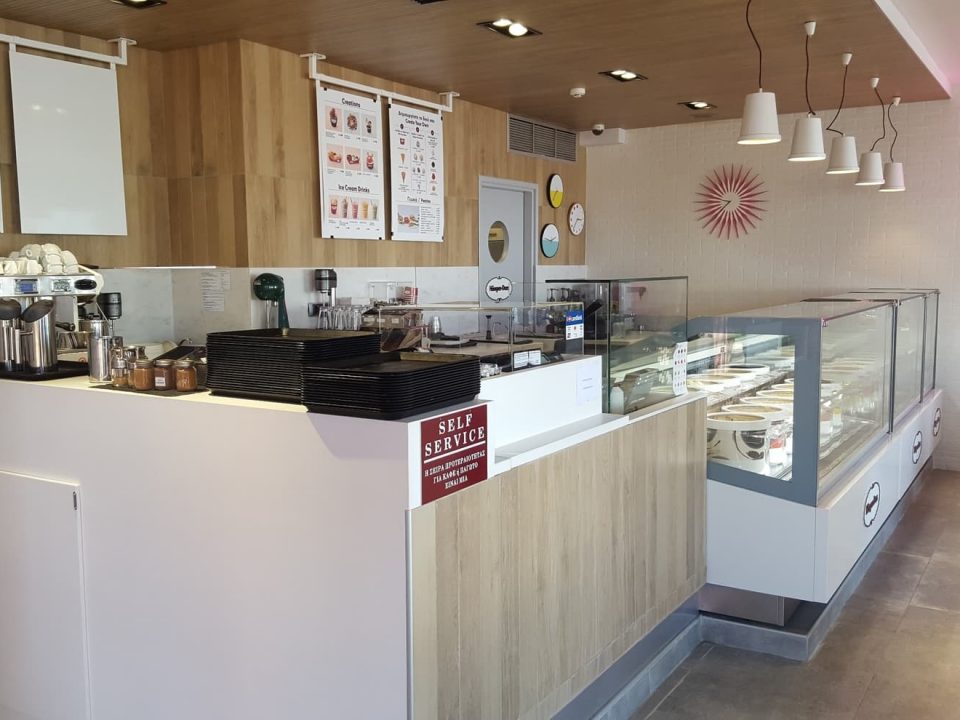 Haagen-Dazs store counter with ice cream flavors at Flisvos Marina, Athens