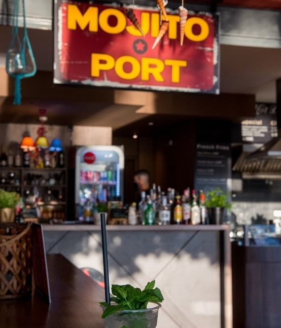 Mojito Port sign with mojito drink at Flisvos Marina in Athens