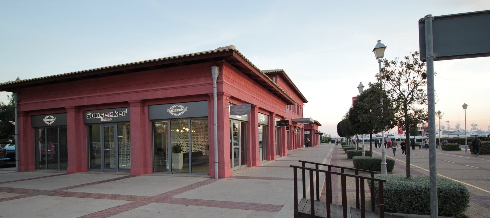 Exterior red building Sunseeker Hellas in Flisvos Marina, Athens