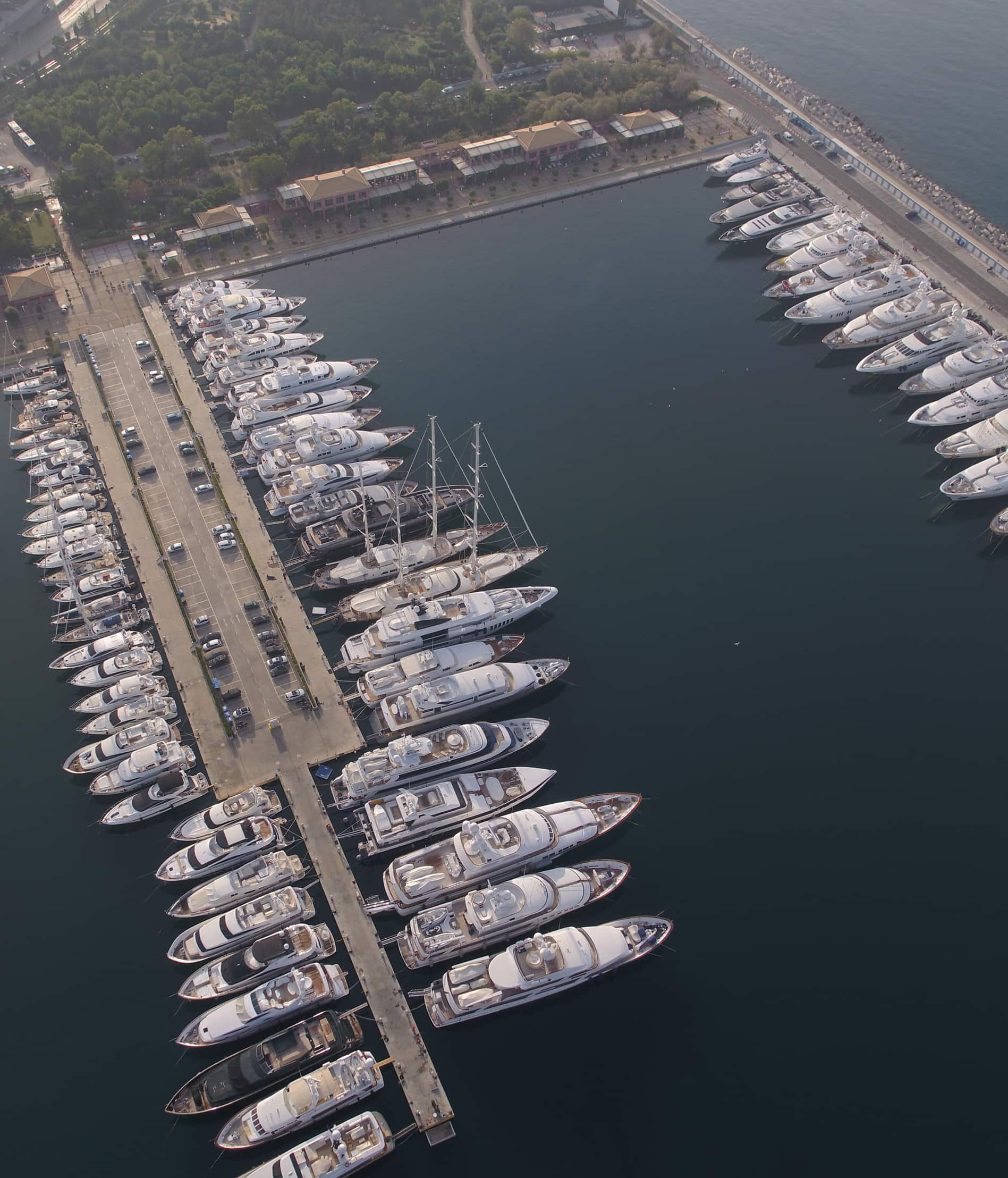 Aerial photograph of docked yachts in Flisvos Marina Greece