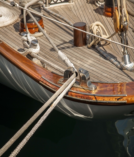 Front of boat tied up with rope