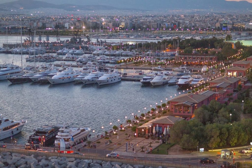 Aerial photograph Flisvos Marina, Athens promenade and docked yachts