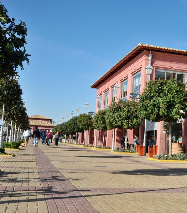 Tree lined promenade in front of red buildings in Flisvos Marina in Athens