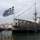 Docked Naval ship "Averof" with Greek flag and Naval officers onboard
