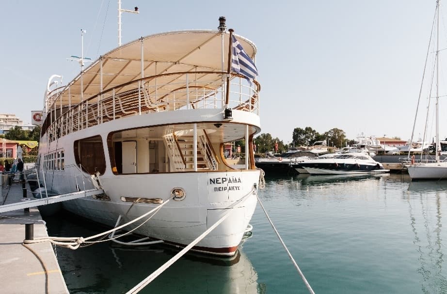 Back of docked Neraida Floating Museum at Flisvos Marina, Athens