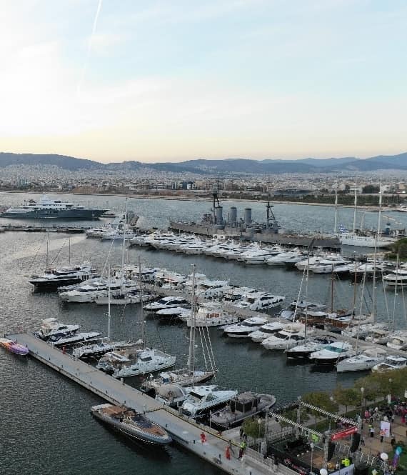 Aerial photograph of docked yachts in Flisvos Marina Greece during afternoon