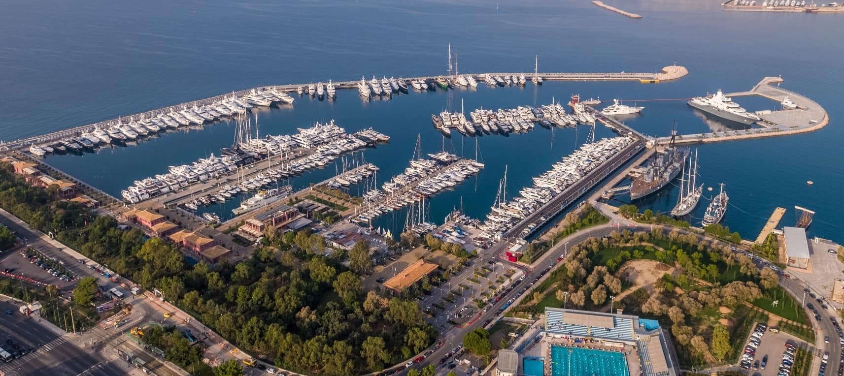 Aerial photograph premises of Flisvos Marina and berhed yachts