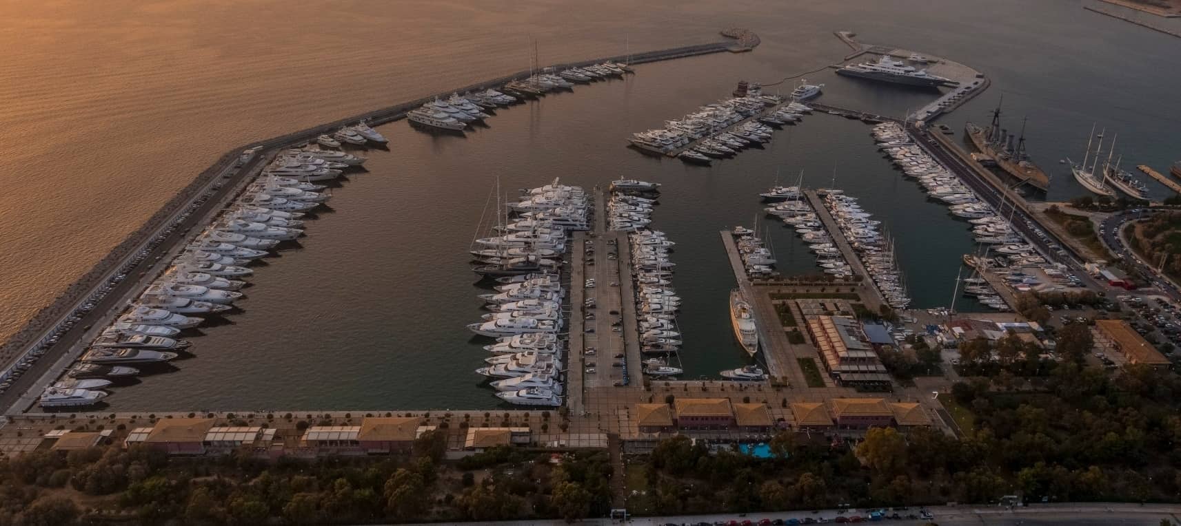 Aerial photograph of docked yachts in Flisvos Marina in Athens